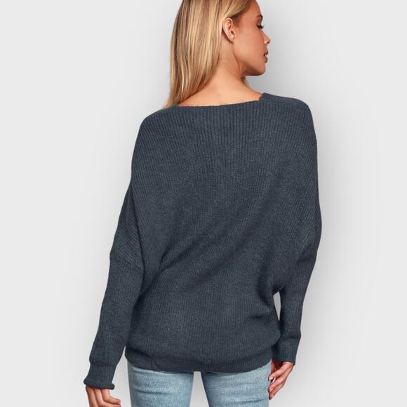 Lulus Small Dark Slate Blue V-Neck Sweater Knit Dolman Sleeve Relaxed Fit Boho - Picture 6 of 9